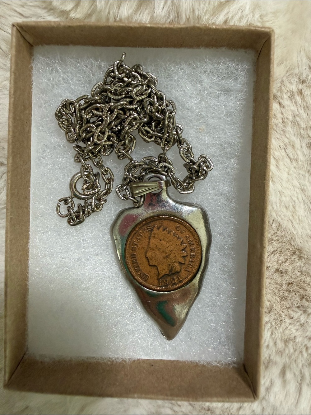 1901 Indian Head Penny Silver Tone Coin Arrowhead Pendant Necklace Navajo
